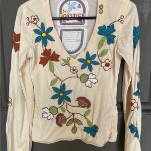 Johnny Was Vintage Joystick Brand Hand embroidered Cream Floral Long Sleeve Top
